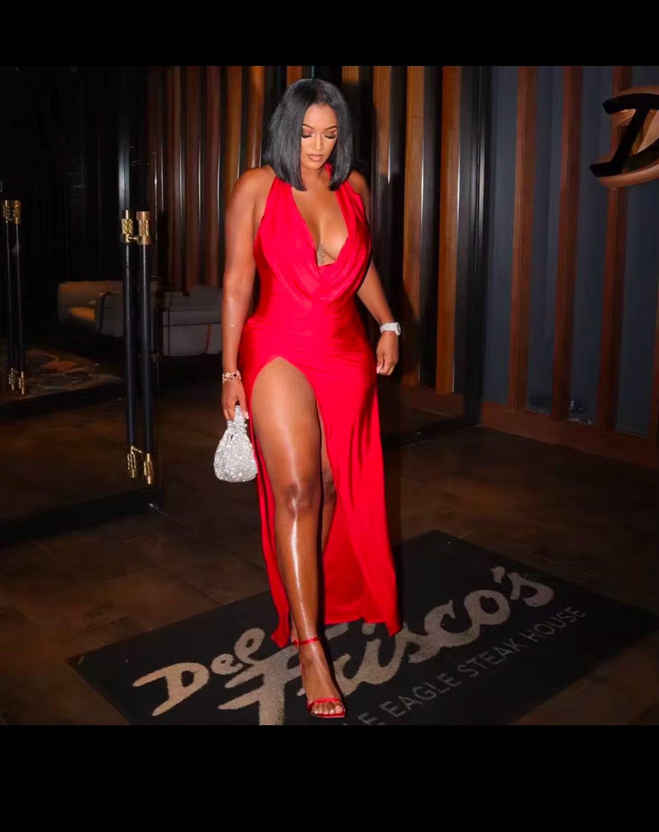 Red Split Low Collar dress