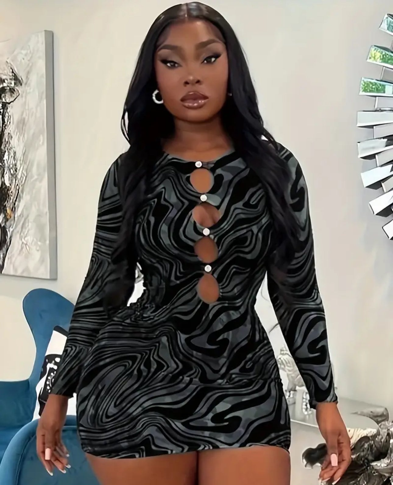 Allover Print Long Sleeve Dress